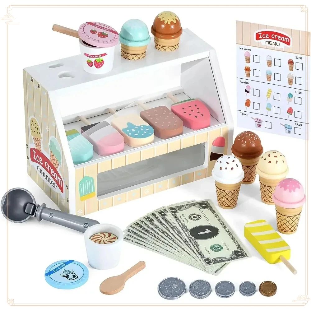 Wooden Ice Cream Pretend Toy Set for Kids, Colorful Dessert Play Set