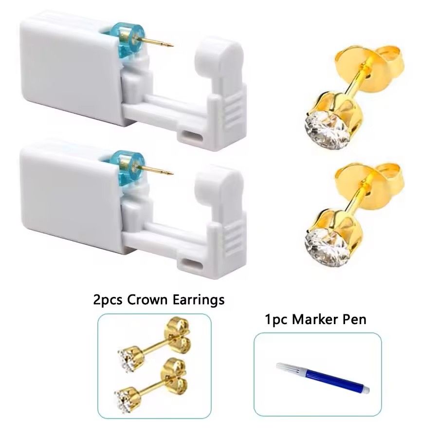 2PCS Disposable Ear Piercing Kit – Built-in Stud Guns + Bonus Cubic Zirconia Earrings | Safe & Easy Home Use Tool