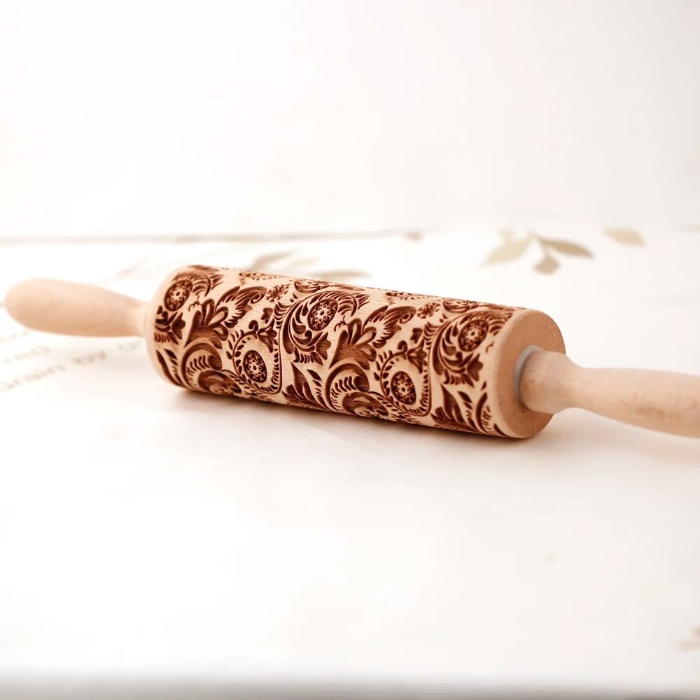 European Retro Flower Embossed Wooden Rolling Pin 13.78 Inch Beech Wood Cookie Roller