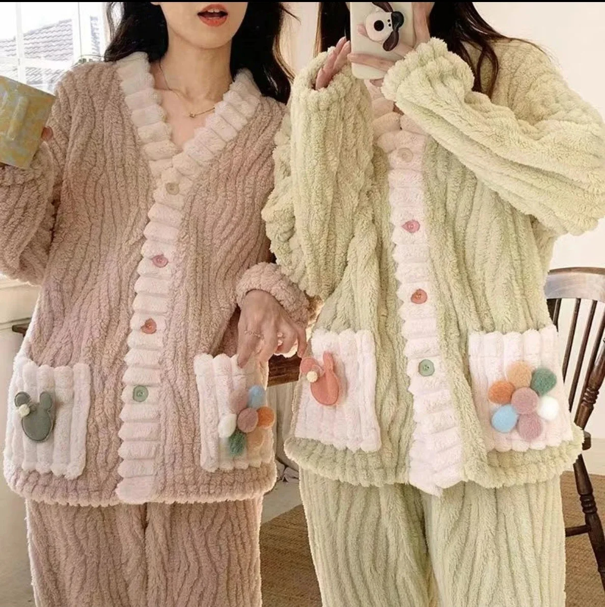 Cozy Thickened Warm Flannel Women Sleepwear, Winter Sweet Kawaii Soft Fairy Wind Loungewear Pajamas Cardigan Suit