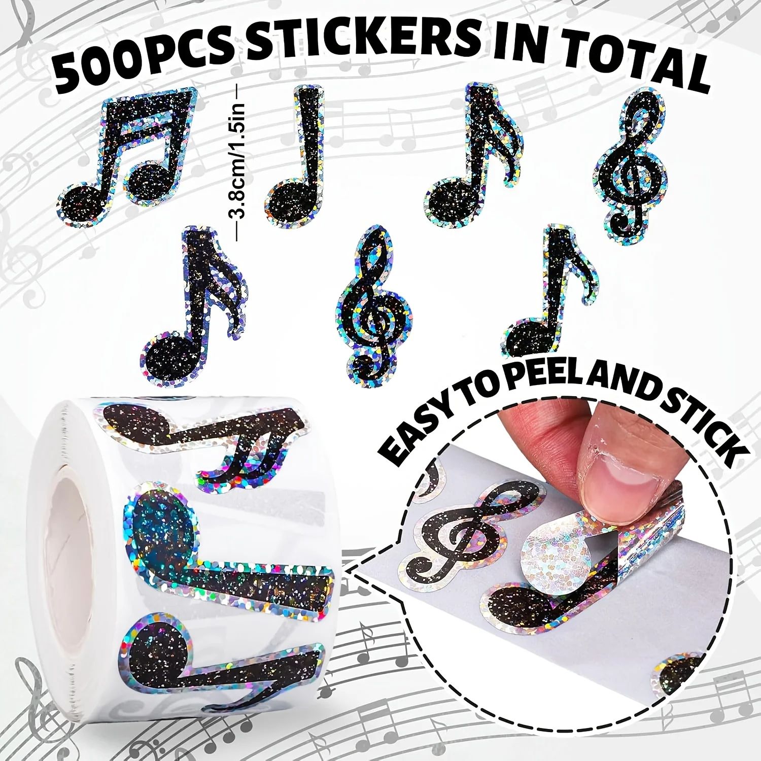 Laser Musical Note Reward Stickers Roll – 500 Shiny Black Decals for Crafts & Scrapbooking