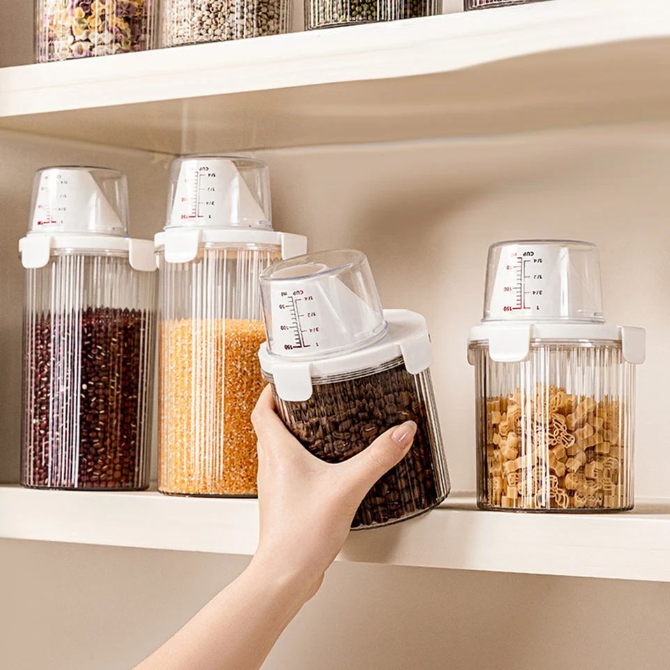Transparent Food Storage Container with Pour Spout & Measuring Cup Lid | Cereal Sugar Beans Organizer Kitchen Bin