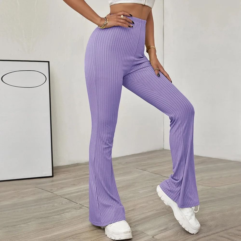 VigoCasey 2025 Casual Knit High Waist Bell Bottom Pants Autumn Winter Solid Office Trousers