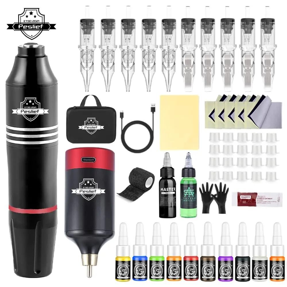 Professional Wireless Rotary Tattoo Machine Kit with 10 Cartridge Needles Complete Set