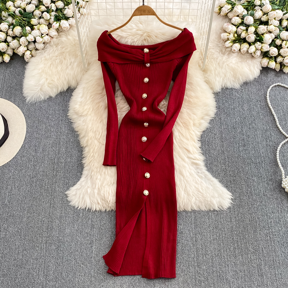 Ins Fashion Women Christmas Red Party Dress, High Waist Off Shoulders, Long Sleeve, Front Split Knitted Bodycon Robe