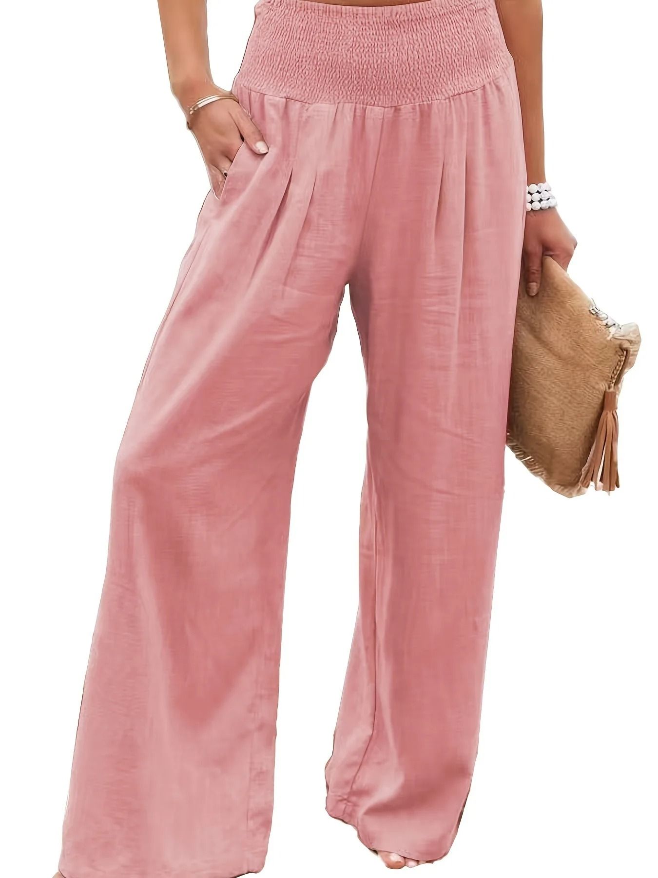 Women Drawstring Wide Leg Casual Pants Mid Waist Beach Trousers