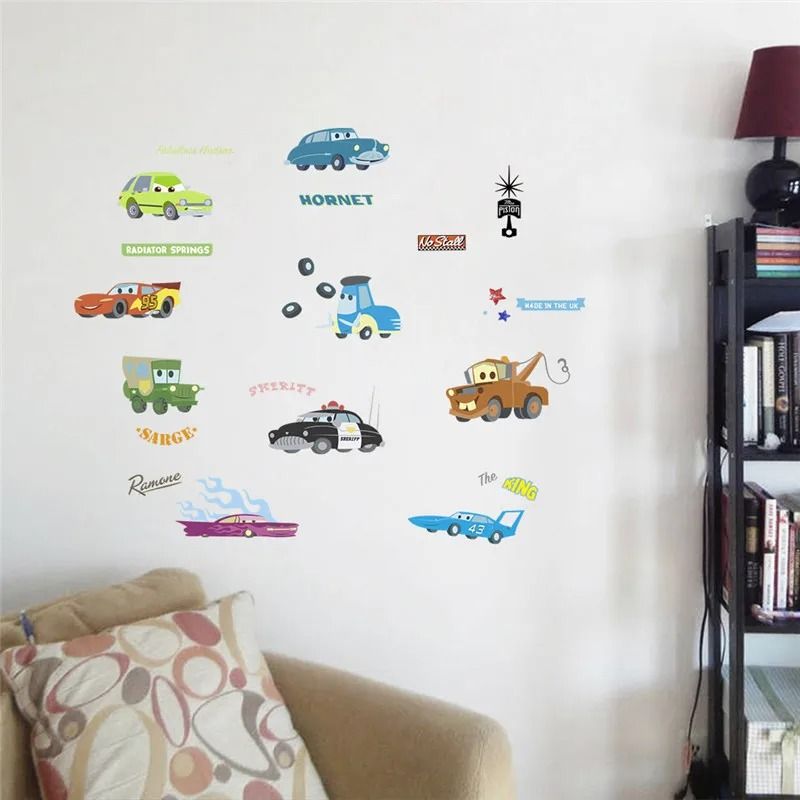 3D Cartoon Cars Breakthrough Wall Decal | Lightning McQueen Racing Mural | High-Fidelity Kid's Room & Playroom Art