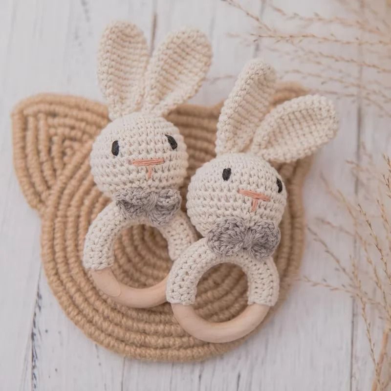 Baby Crochet Bunny Rattle & Wooden Teether – Newborn Educational Music Toy