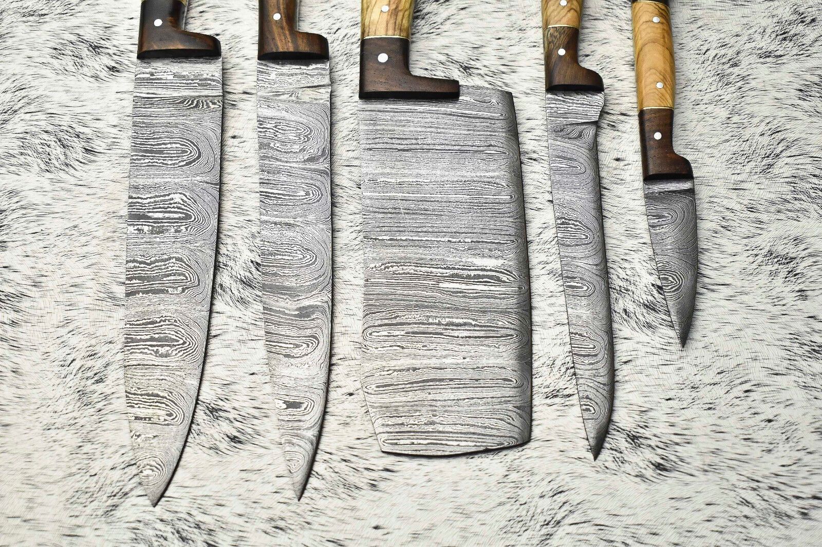 Lot of 5 Handmade Damascus Steel Chef Knives Set | Full Tang with Olive Wood Handles
