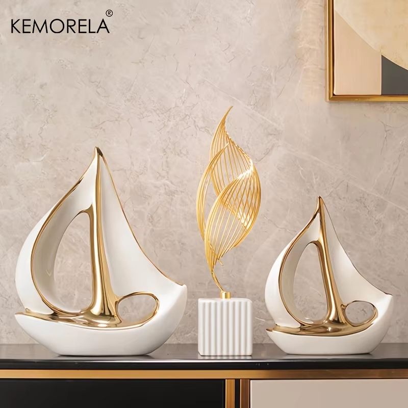 Luxury Ceramic Sailboat Sculpture Decorative Boat Figurine for Home and Office