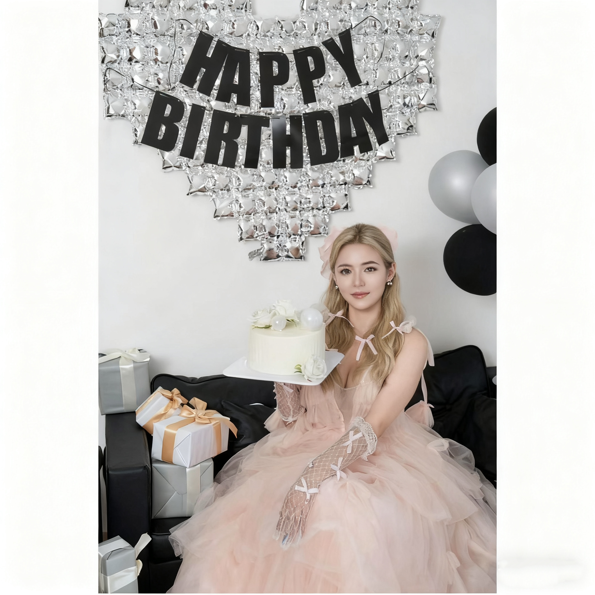 Oversized Silver Mosaic Heart Backdrop Balloons Happy Birthday Decorations Black Glitter Banner