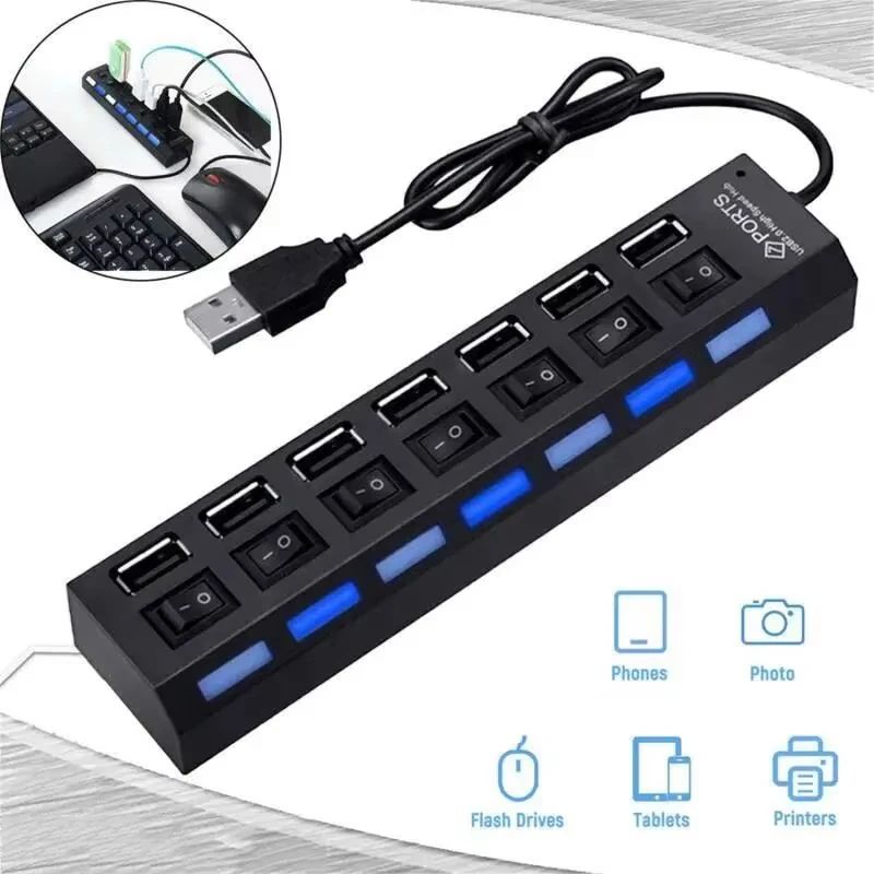 USB Hub 7-Port SuperSpeed Expansion Hub with On/Off Switches - Multi Device USB Hub 3.0 Power Adapter for PC & Laptop