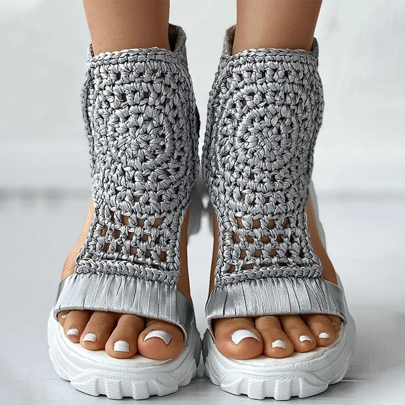 Braided Knit Elastic Platform Sandals with Back Zipper