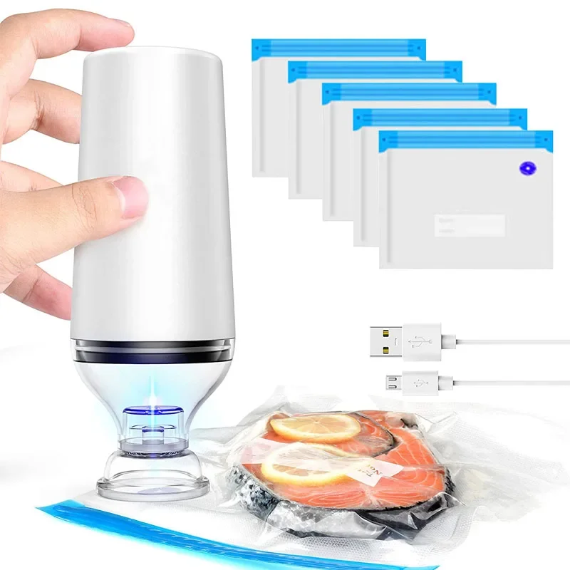 Reusable Vacuum Food Storage Zipper Bags Set with Electric Handheld Vacuum Sealer Pump Sous Vide Bags USB Rechargeable