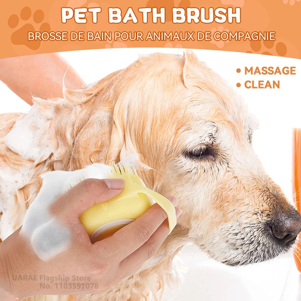 Silicone Dog Bathing Brush with Shampoo Dispenser – Soft Pet Massage Grooming Tool