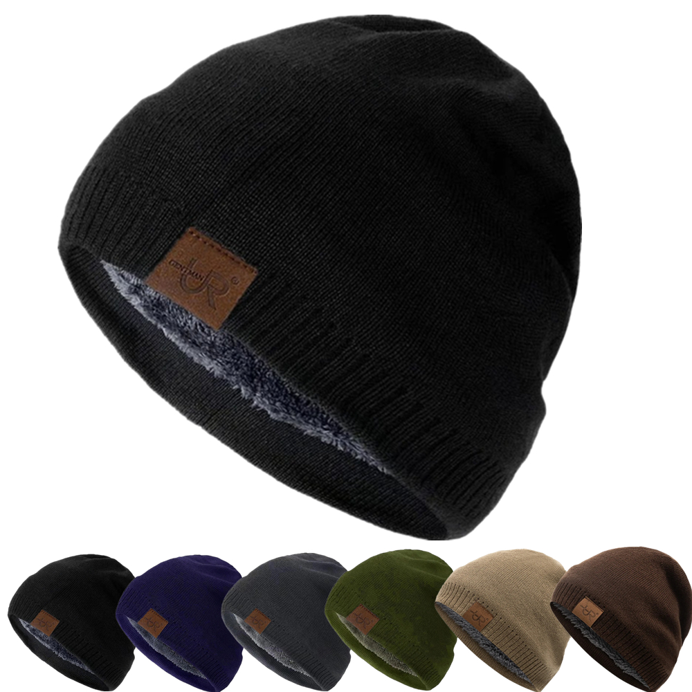 Unisex Fur Lined Winter Beanie Hat Warm Knit Hat for Cold Weather
