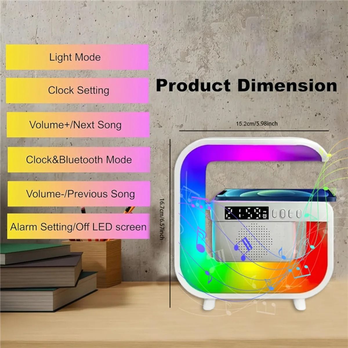 Home Bluetooth Speaker with Wireless Charger and RGB Alarm Clock