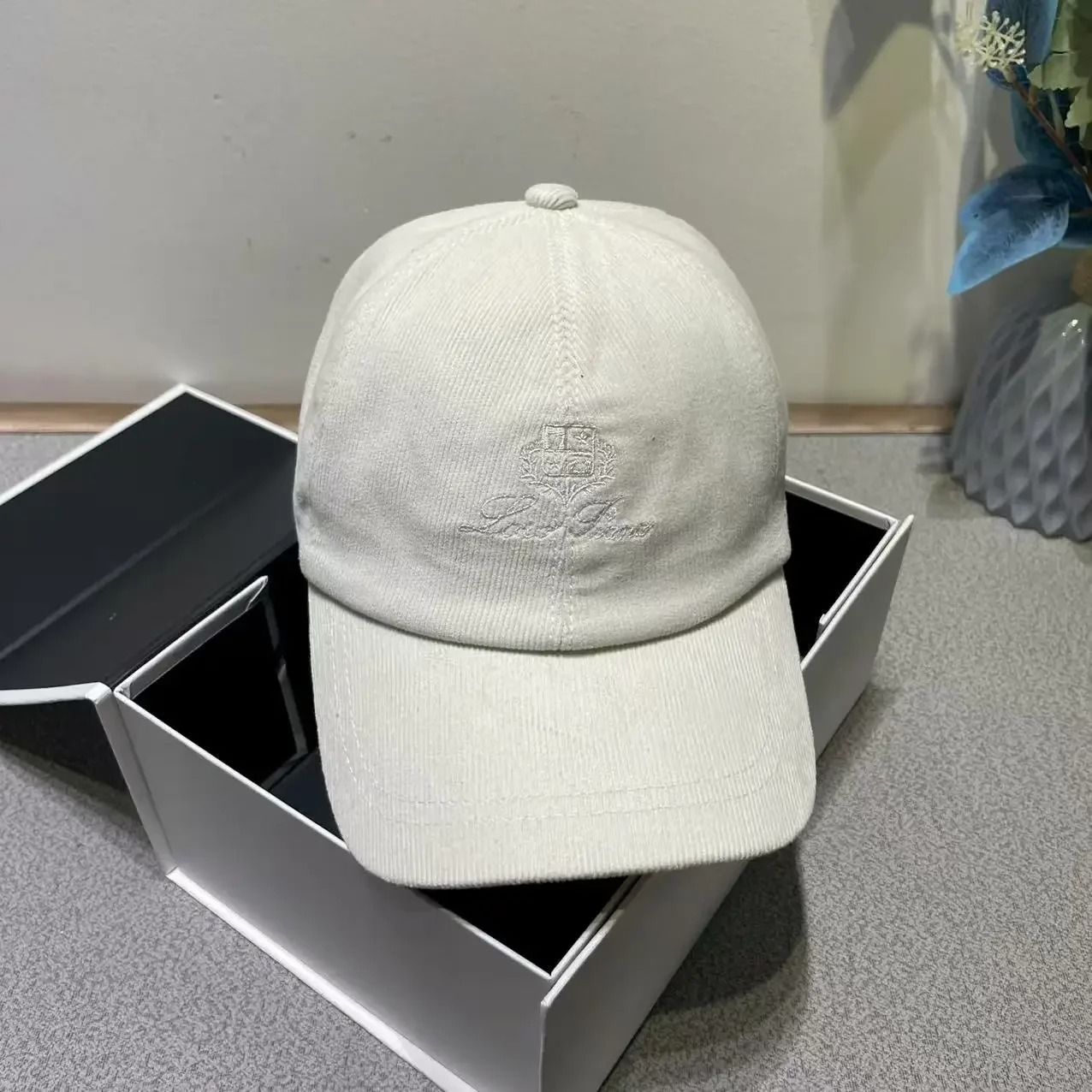 Ribbed Velvet Embroidered Letter Baseball Cap with Adjustable Velcro Fit