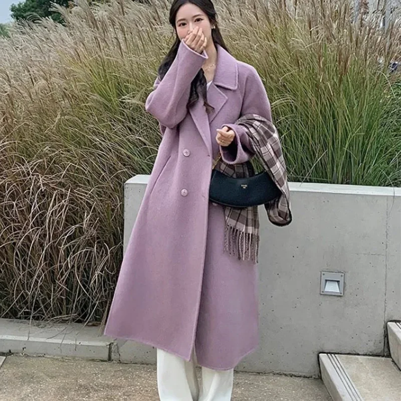 Autumn Winter Women Woolen Coat, Elegant Purple Apricot Mid-Long Jacket, Sweet Lady Chic Style Thermal Outerwear