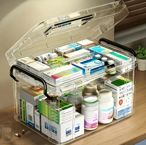 Double Layer Transparent Medicine Storage Box with Handle Clear PVC and Plastic Organizer