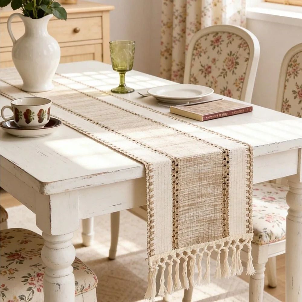 Nordic Boho Striped Green Table Runner | Hand-Woven Tassel Decor | Rustic Spring Home & Coffee Table Runner