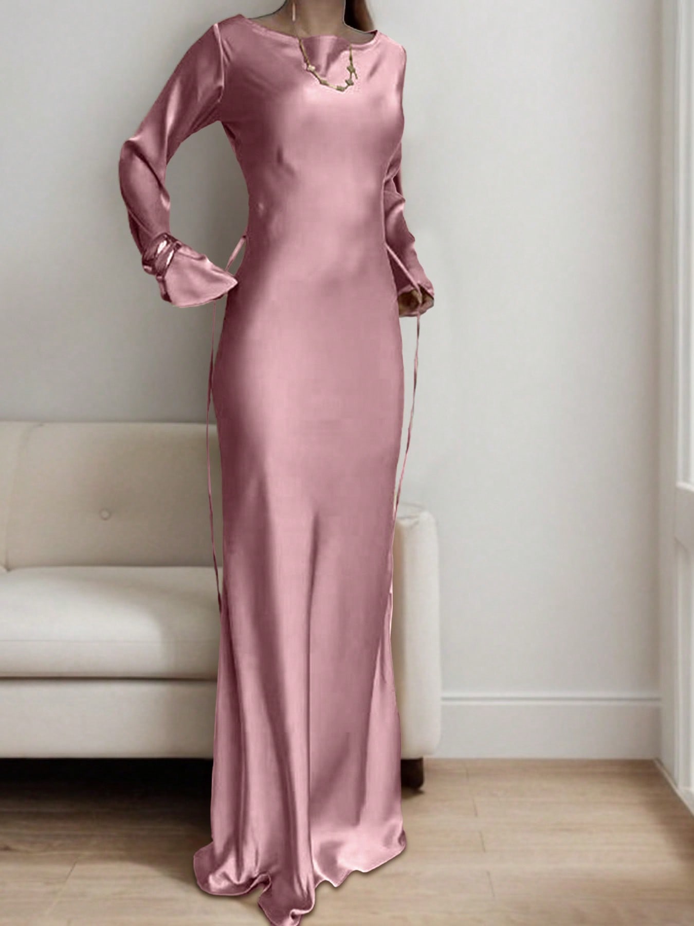 Luxury Evening Dress Women's Bespoke Satin Maxi Dress with Corset Waist Tie and Classic Round Neck