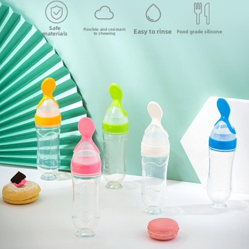 Squeeze Spoon Milk Feeding Bottle Cup, Safe Silicone Baby Bottle with Spoon, Rice Cereal Food Supplement Bottle