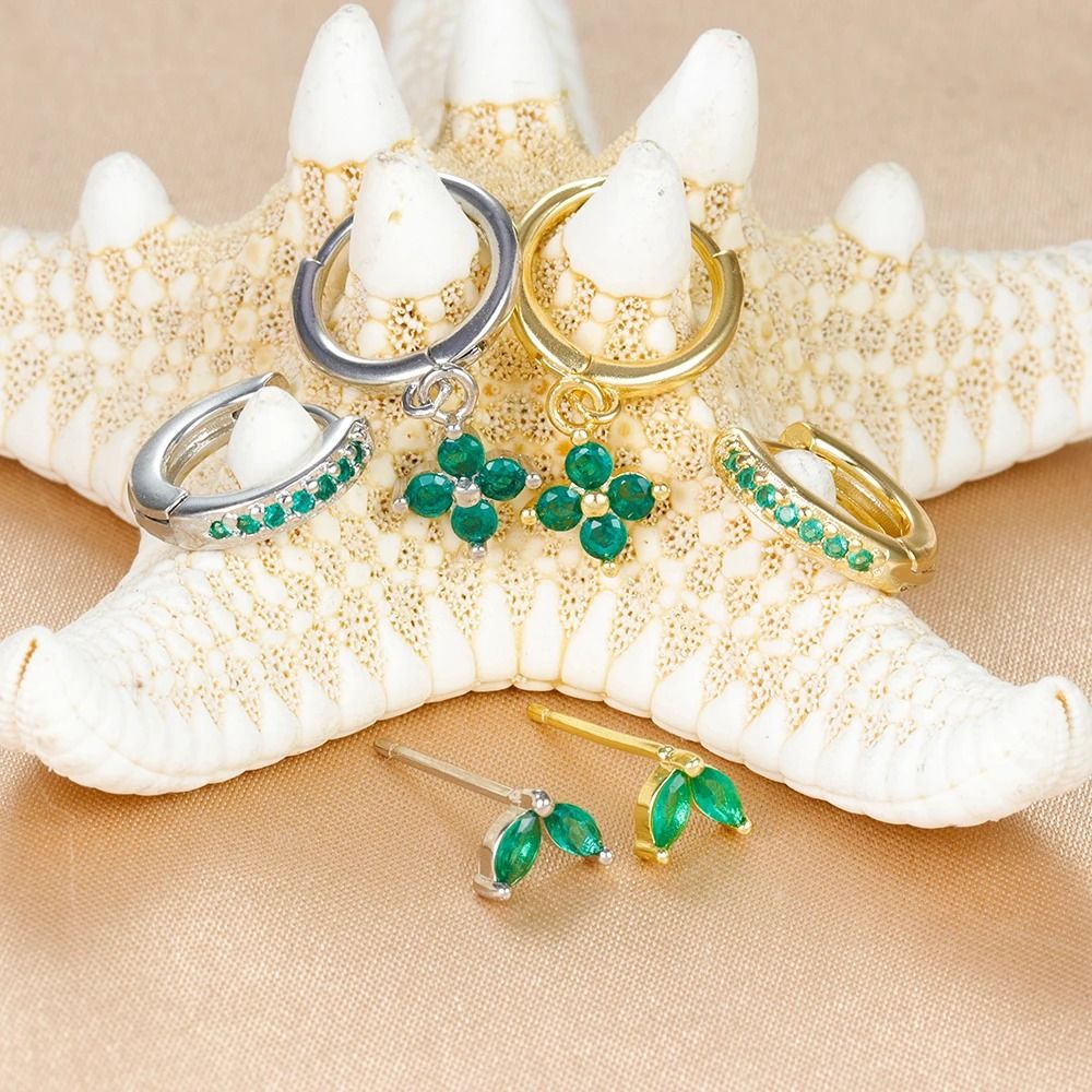 3-Piece Green Crystal Stainless Steel Hoop Set