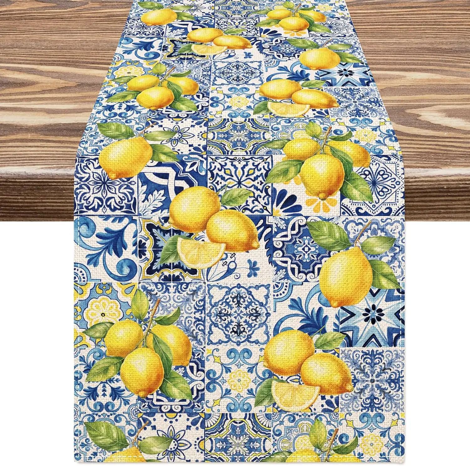 Lemon Tile Linen Table Runner for Farmhouse Dining and Summer Tablescapes