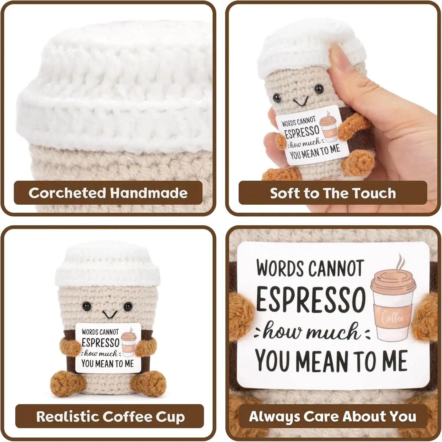 Funny Crochet Emotional Support Coffee Doll Handmade Knitted Ornament