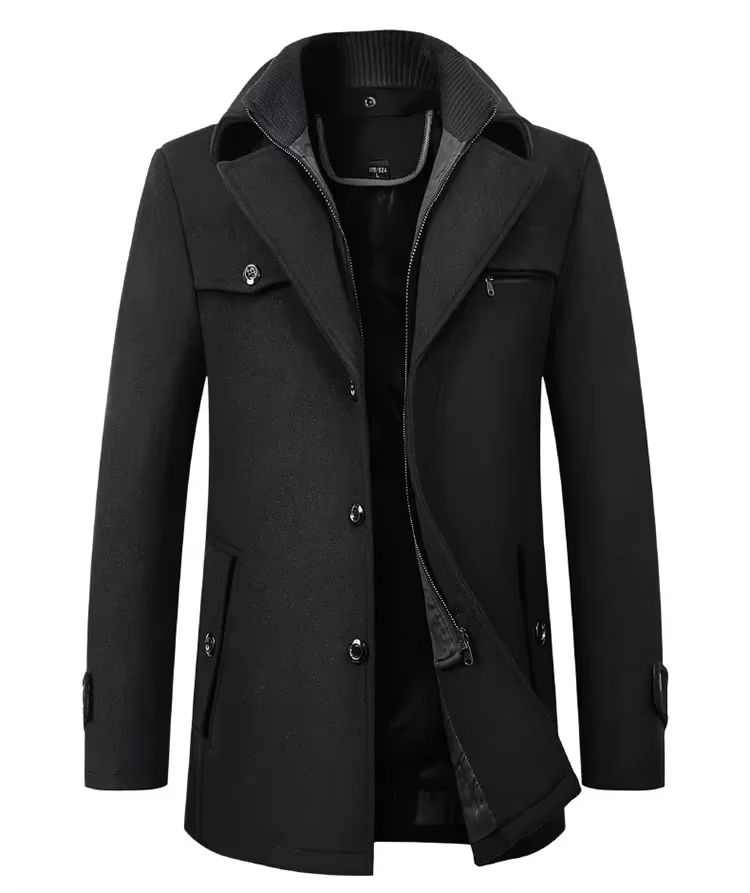 Classic Double Collar Men's Pea Coat – Elegant Men's Woolen Trench Coat Winter Overcoat