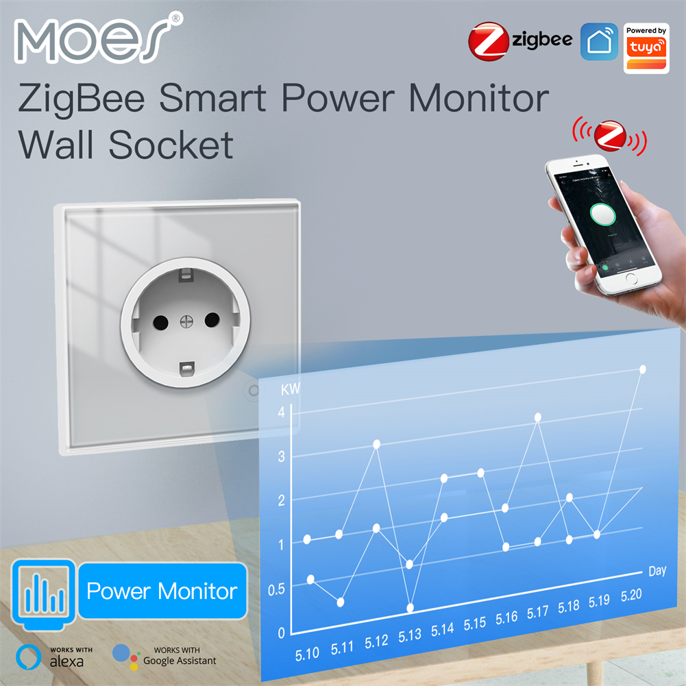 ZigBee Smart Wall Socket, Glass Panel Outlet with Power Monitor, Tuya Wireless Control Mesh, Timer, Alexa Google Home