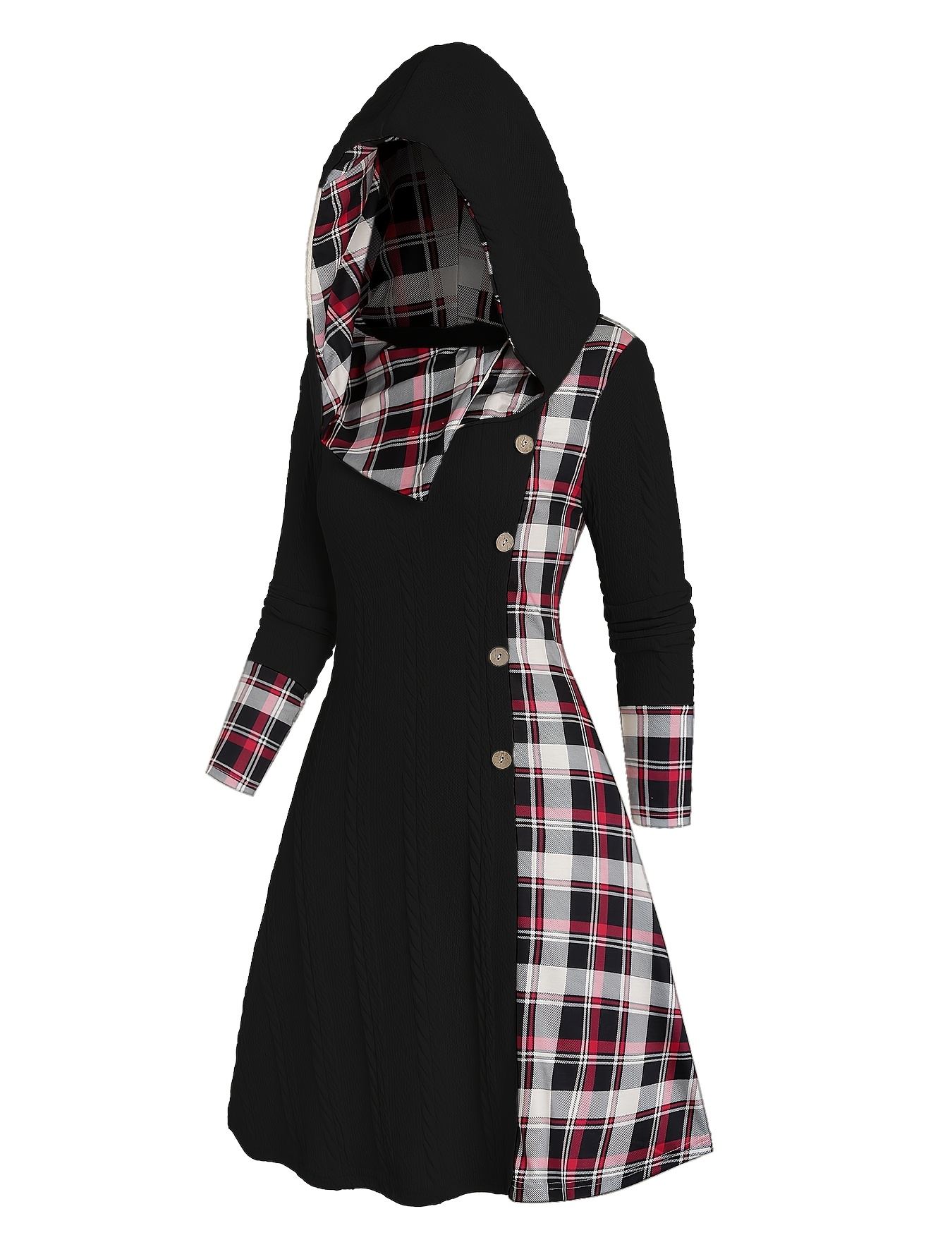 Plaid Print Knitted Hooded Dress, Fake Buckle High Waist, Long Sleeve A-line Dress