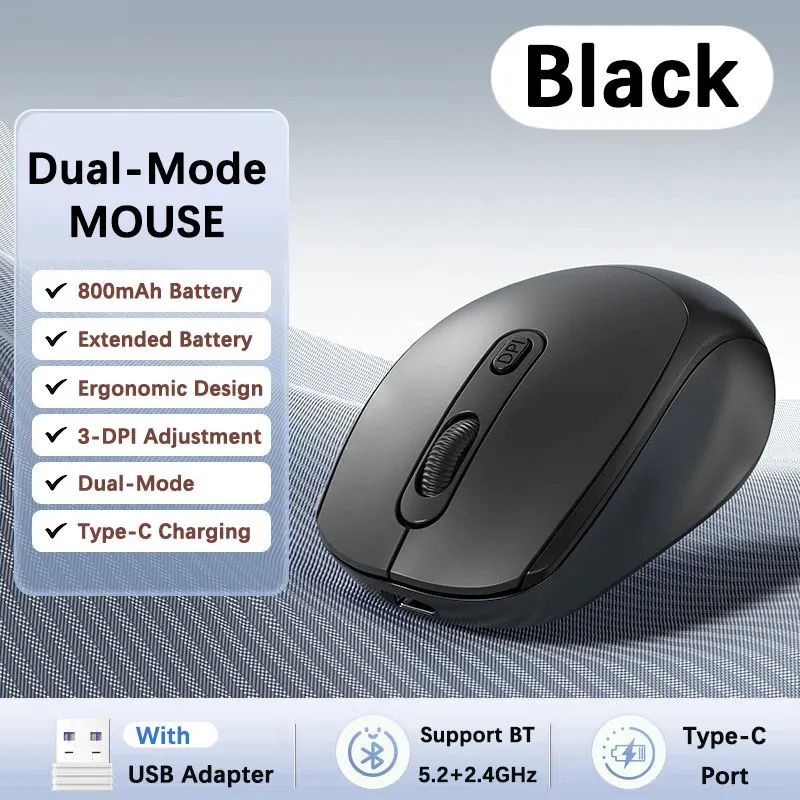 ComfortFlow Dual Mode Ergonomic Wireless Mouse with Bluetooth & 2.4GHz USB Receiver for Laptop & PC