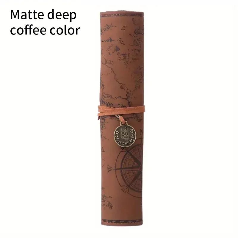 Creative Treasure Map Retro Pencil Case Leather Large Capacity Roll Pencil Bag with Embossed Buckle, Simple Stationery