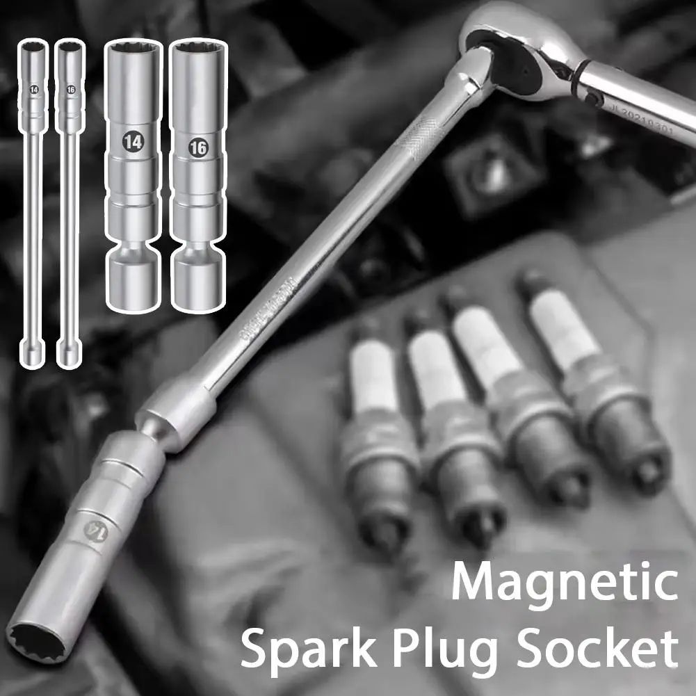 3/8 Inches Drive Magnetic Swivel Spark Plug Socket Set 14mm/16mm – 12-Point Universal Joint Plug Removal Wrench