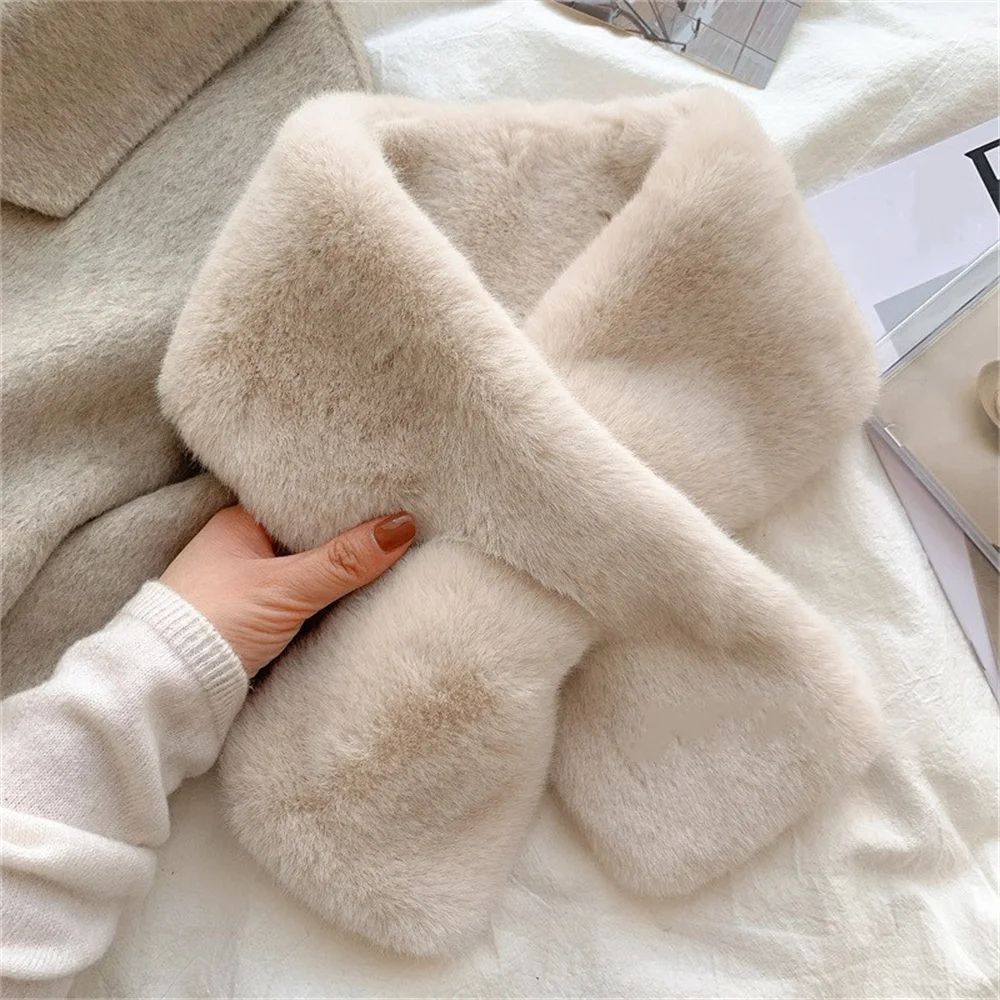 Luxury Faux Rabbit Fur Cross Collar Scarf – Women's Thick Winter Furry Neck Warmer