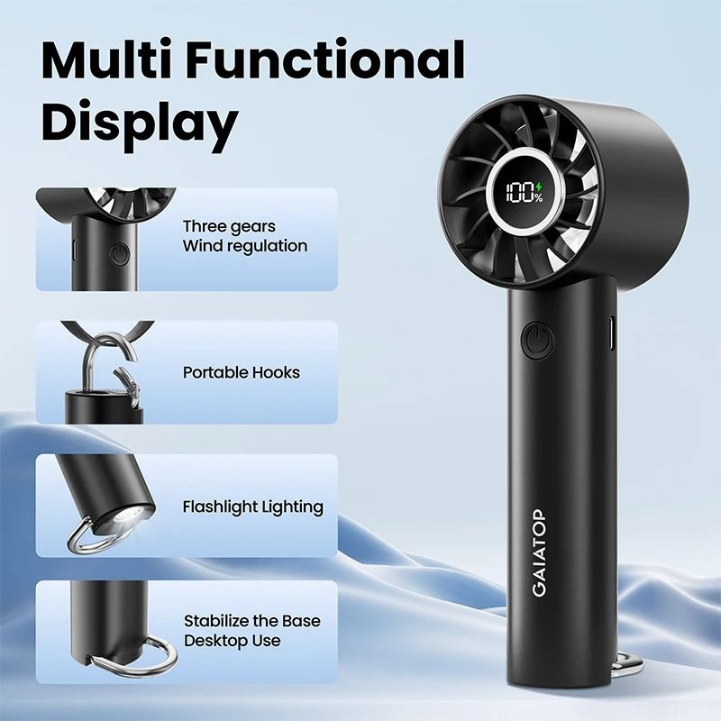 Portable Handheld Fan with LED Display and Flashlight