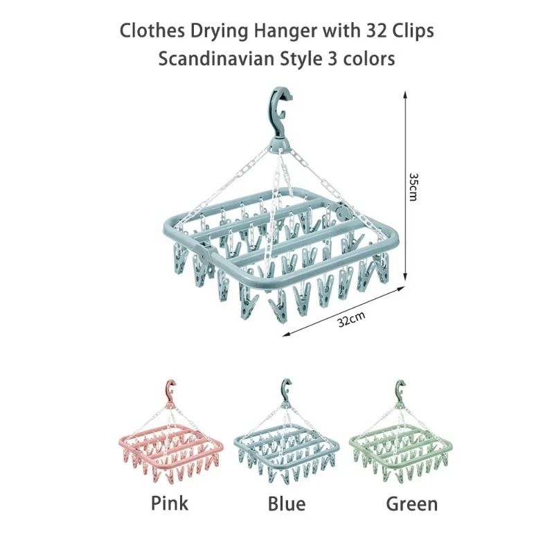 Foldable Clothes Drying Hanger With 32 Clips Space Saving Sock And Underwear Drying Rack