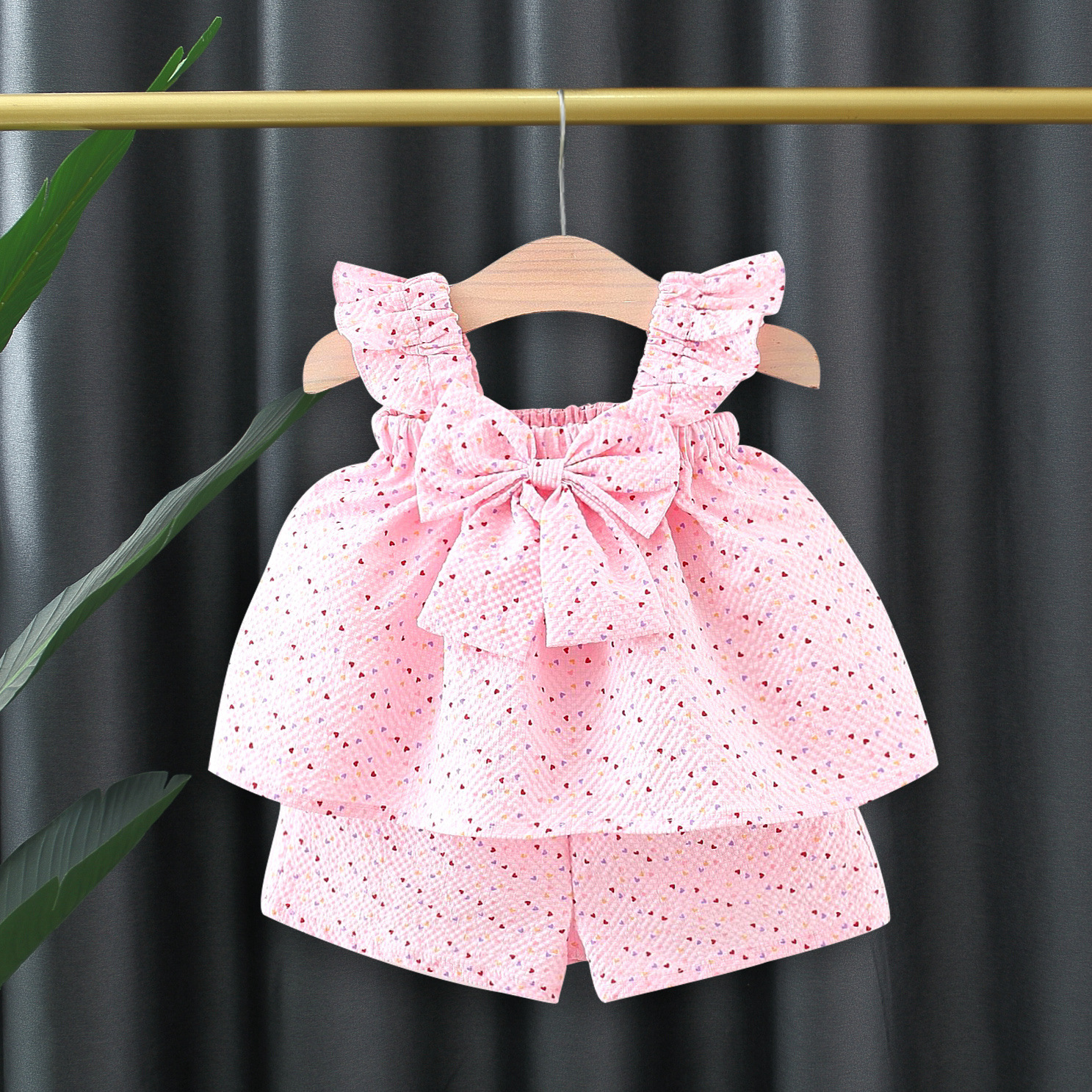 Girl Infant Set, Summer Colorful Dot Flying Sleeve Top & Bow Shorts Two-Piece Set