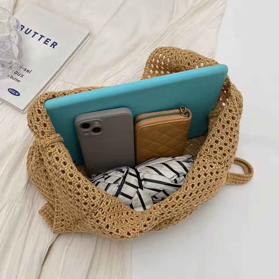 Hollow Woven Shoulder Tote Bag Large Mesh Beach Handbag