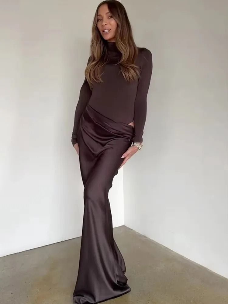 Elegant Turtleneck Satin Hollow Out Maxi Dress