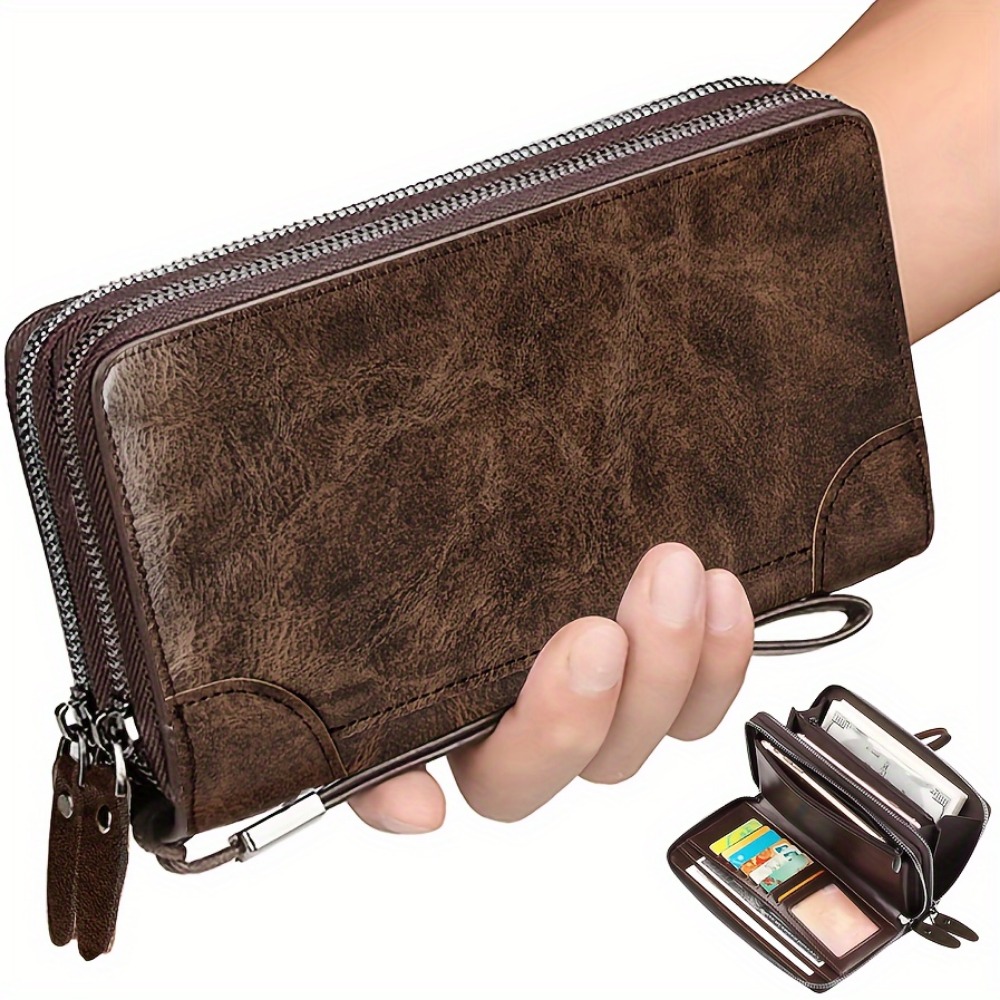 Premium Leather Wristlet Wallet for Men Stylish Business Clutch with Zippered Closure Cardholder & Phone Case