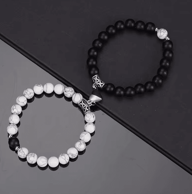 LavaLove 2-Pcs Beaded Couple Bracelets Set – Natural Stone Heart Magnetic Distance Bracelets Gift