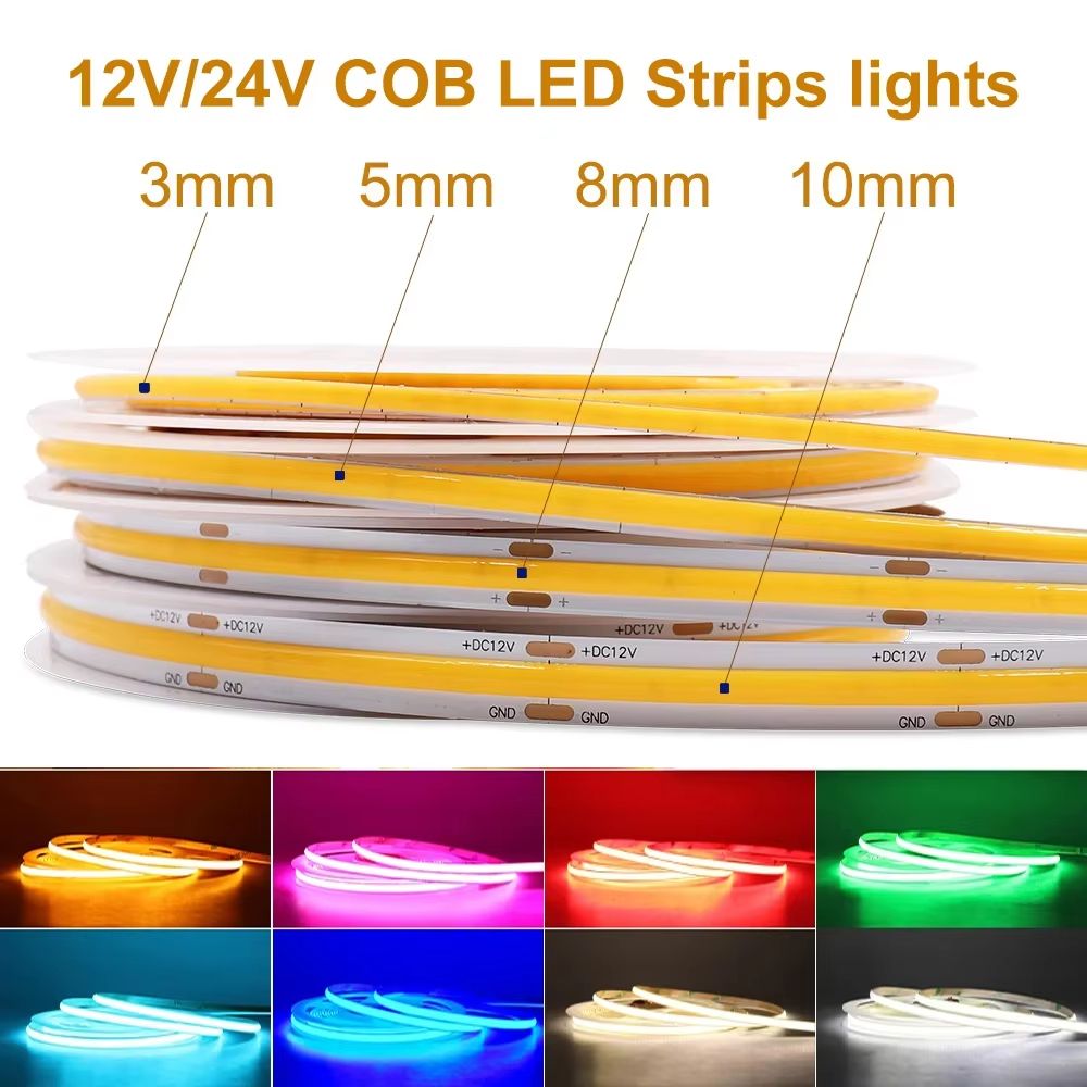 Flexible COB LED Strip Light 12V/24V – High Brightness Dotless Tape Lighting for Home, Auto, and DIY Decor