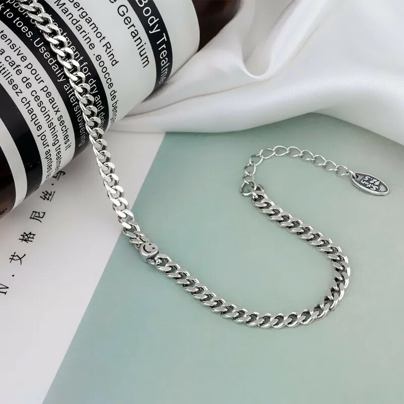 Handmade Sterling Silver 925 Bracelet with Large Smile Face Pendant - Elegant Ladies' Party Gift and Fashion Jewelry