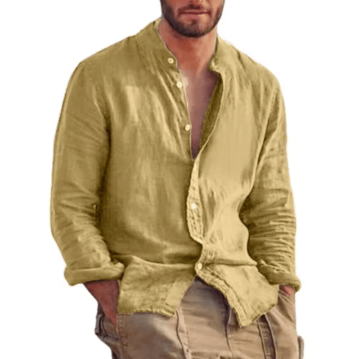 Mens Linen Long Sleeve Shirt Lightweight Stand Collar Casual Breathable Top