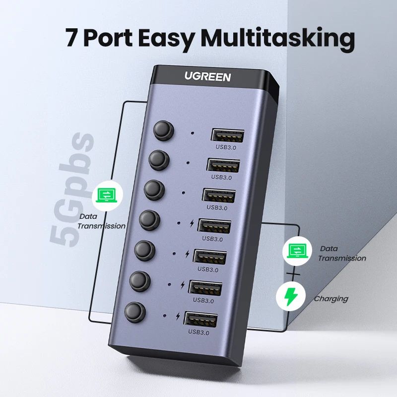 UGREEN 7-Port USB 3.0 Hub with Individual Switches & Power Adapter