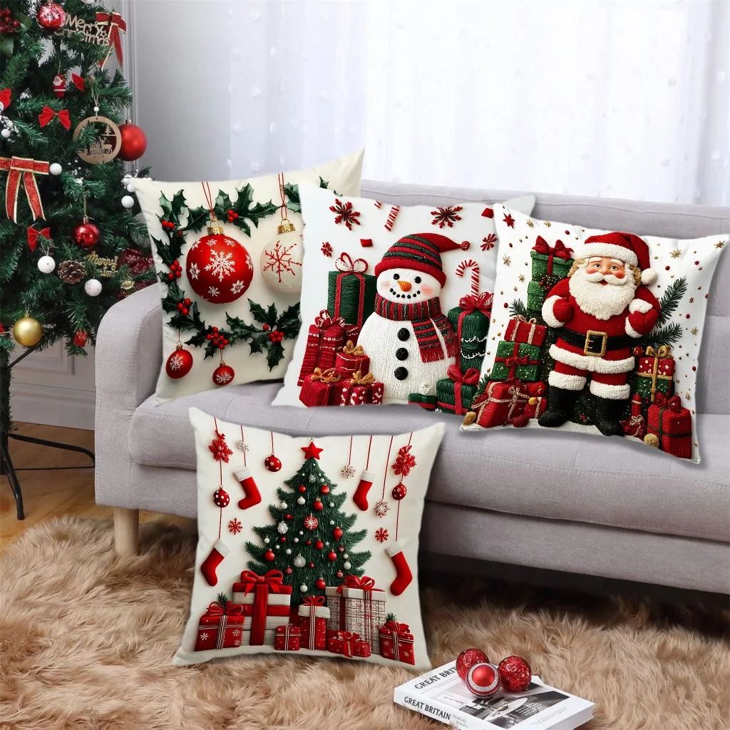 Christmas Snowman Plush Throw Pillow Cover – Festive Linen Sofa Cushion Case for Holiday Home Decor