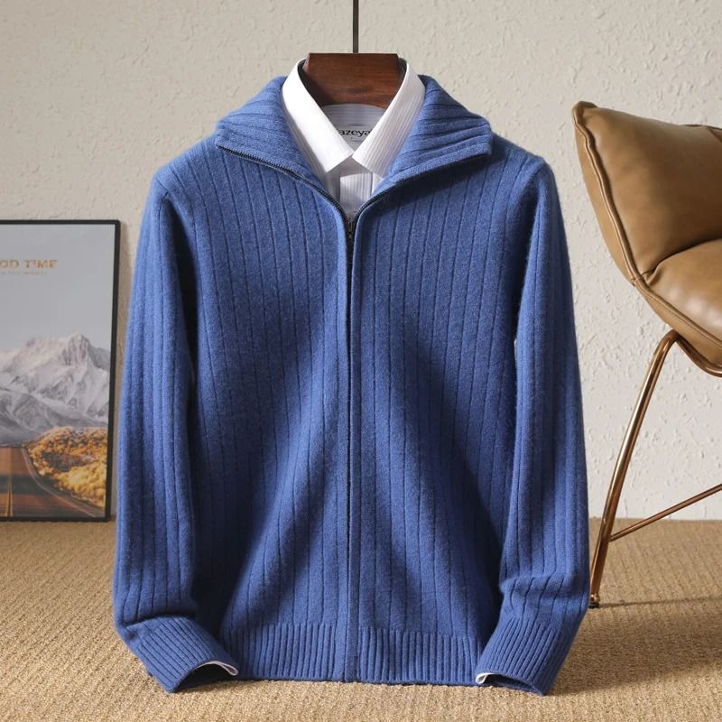 Men 100 Percent Merino Wool Stand Up Collar Cardigan Zipper Coat